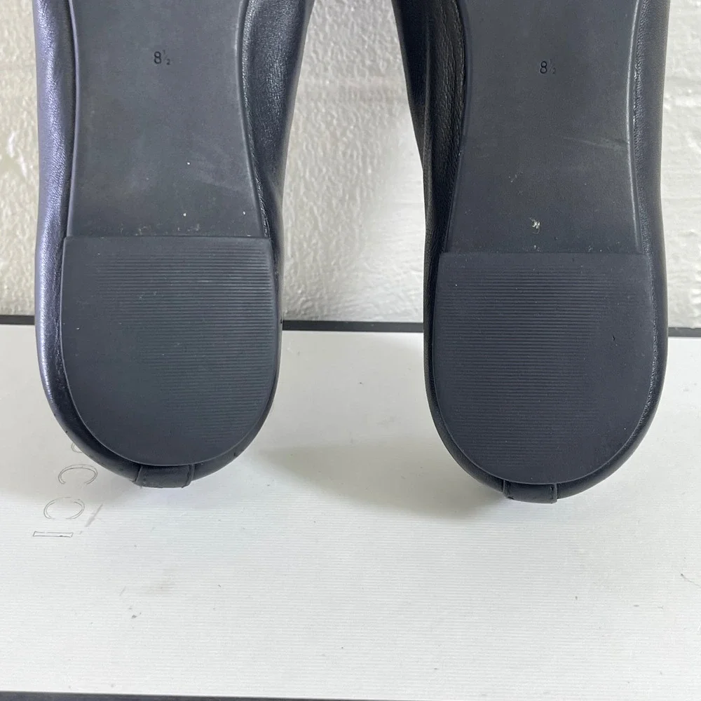 Tory Burch Everly Cap Toe Black Leather Gold Logo Ballet Flats Shoes Womens 8.5